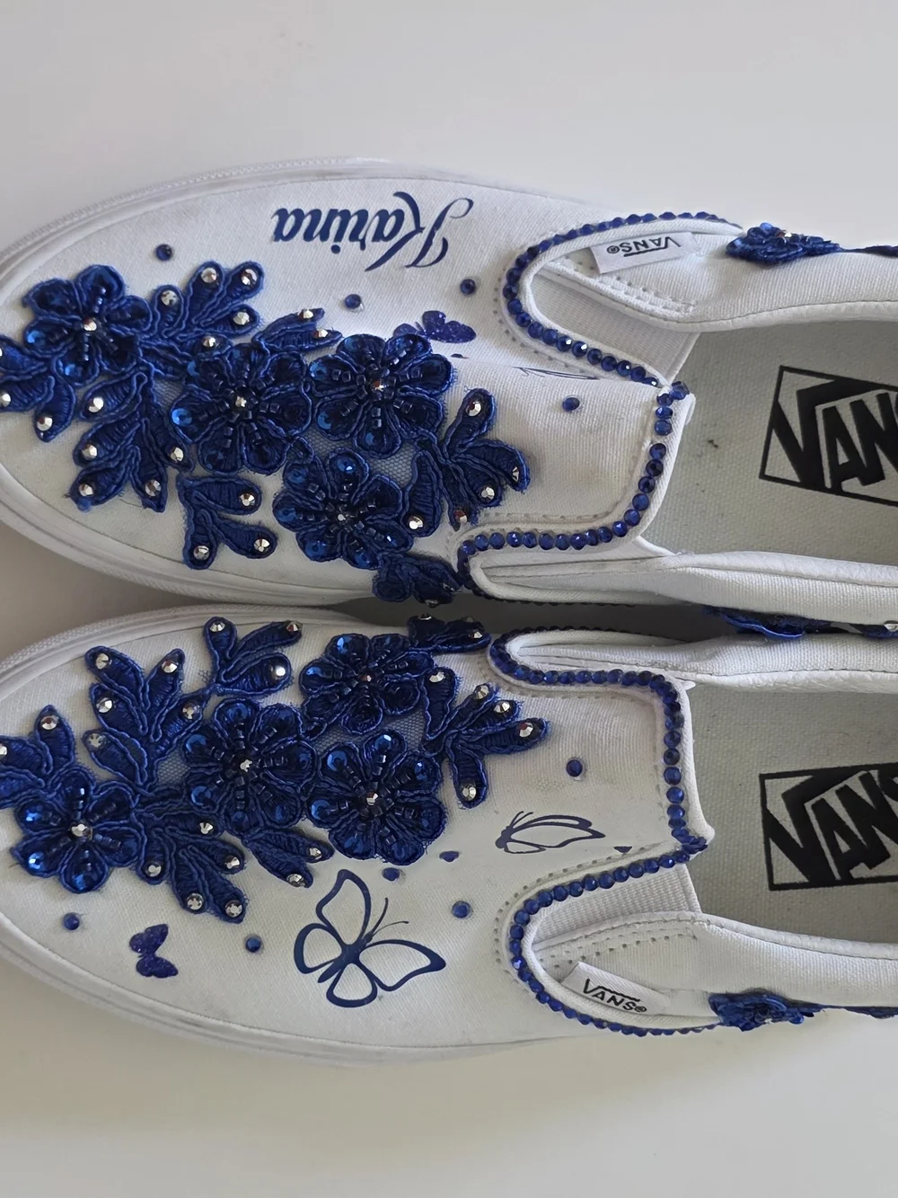 Vans White Slip-On Espadrilles with Blue Floral Appliqué